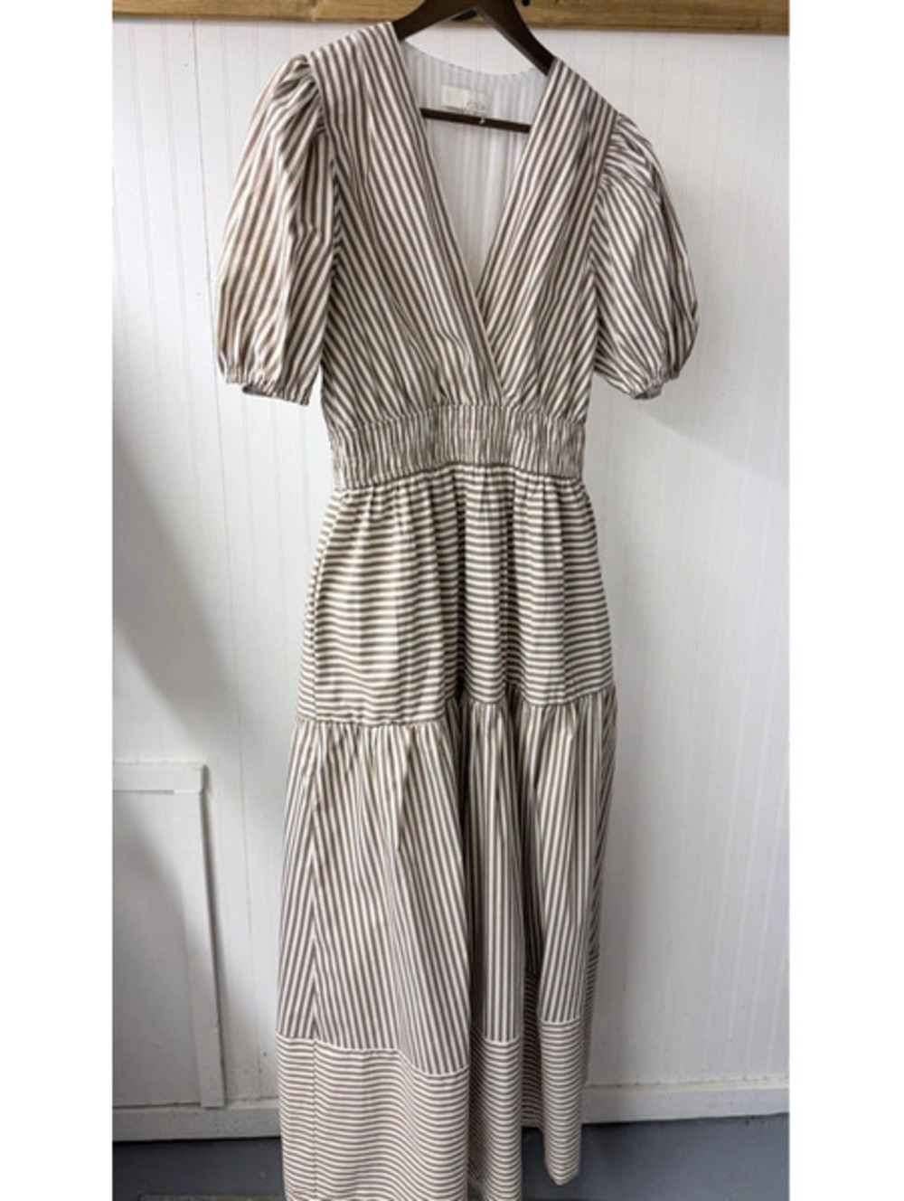 Pinch Striped Puffed Sleeve Tiered Maxi Dress large boho modest resort fall